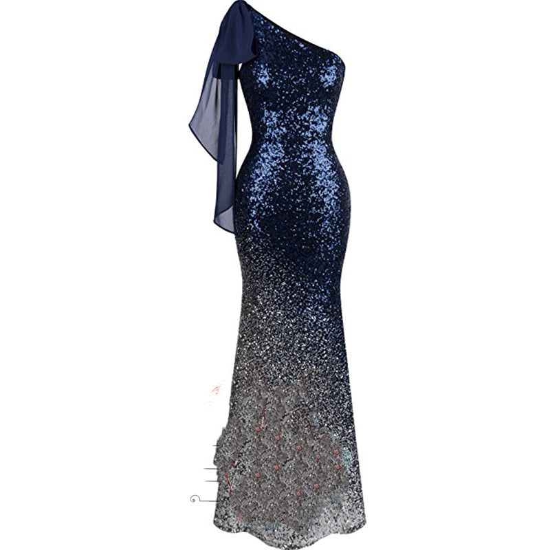 One Shoulder Fishtail Sequin Slim Fit Evening Dress