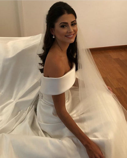 Simple A Line Wedding Dresses Satin Off The Shoulder Wedding Bridal Gowns Sweep Train Casual Dresses Zipper With Buttons Back