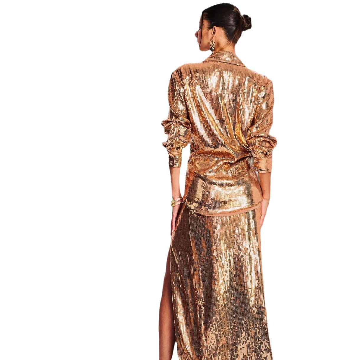 Women's Shirt Long Sleeve Beads Sequin Dress Two-piece Set