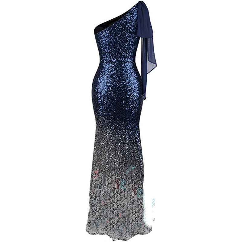 One Shoulder Fishtail Sequin Slim Fit Evening Dress