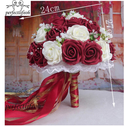 Perfectlifeoh Burgundy Wedding Bouquet Pink/Red/White/Royal Blue Bridal Bridesmaid  Artificial Flower Rose Bride