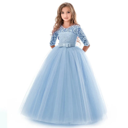 Princess Lace Dress Kids Flower Embroidery Dress For Girls Vintage Children Dresses For Wedding Party Formal Ball Gown 14T