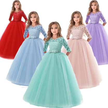 Princess Lace Dress Kids Flower Embroidery Dress For Girls Vintage Children Dresses For Wedding Party Formal Ball Gown 14T