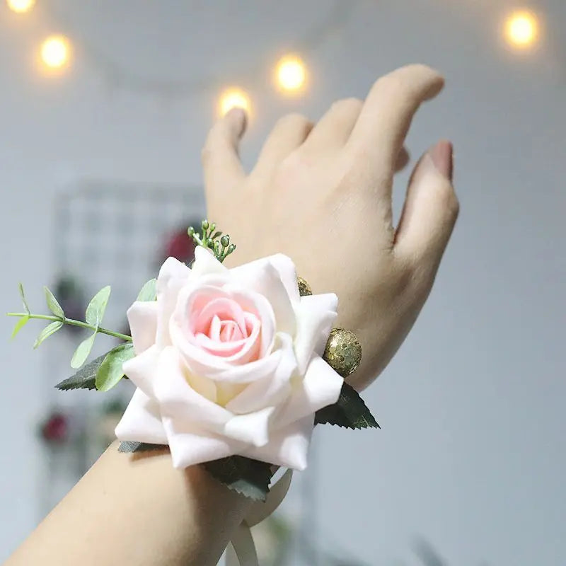 Fabric Roses Wrist Corsage Wedding Bracelet for Bridesmaid Brides Hand Flower Fake Roses Wedding Bracelet for Guests Accessories