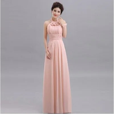 QNZL-100D#Halter neck Lace Up Chiffon Purple Champagne pink Bridesmaid Dresses Long wholesale Custom wedding party dress Flower