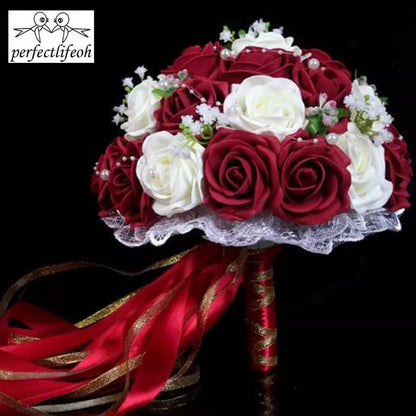 Perfectlifeoh Burgundy Wedding Bouquet Pink/Red/White/Royal Blue Bridal Bridesmaid  Artificial Flower Rose Bride