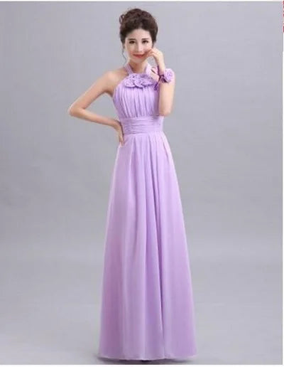 QNZL-100D#Halter neck Lace Up Chiffon Purple Champagne pink Bridesmaid Dresses Long wholesale Custom wedding party dress Flower