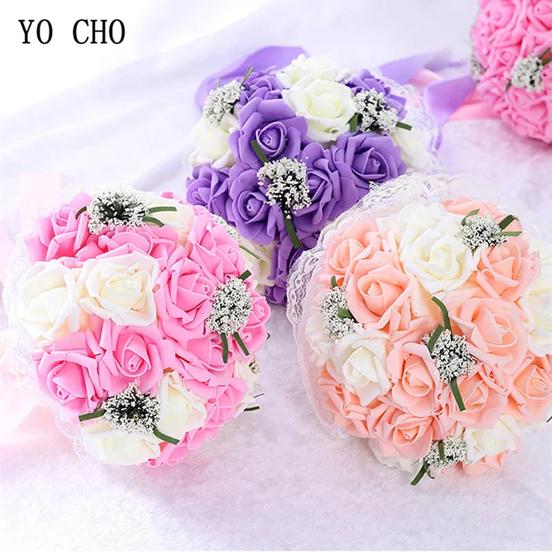 YO CHO Bridal Wedding Bouquet Bridesmaid Artificial PE Rose Flower Fake Pearl Pink Bouquet Wedding Supplies Festival Decorations