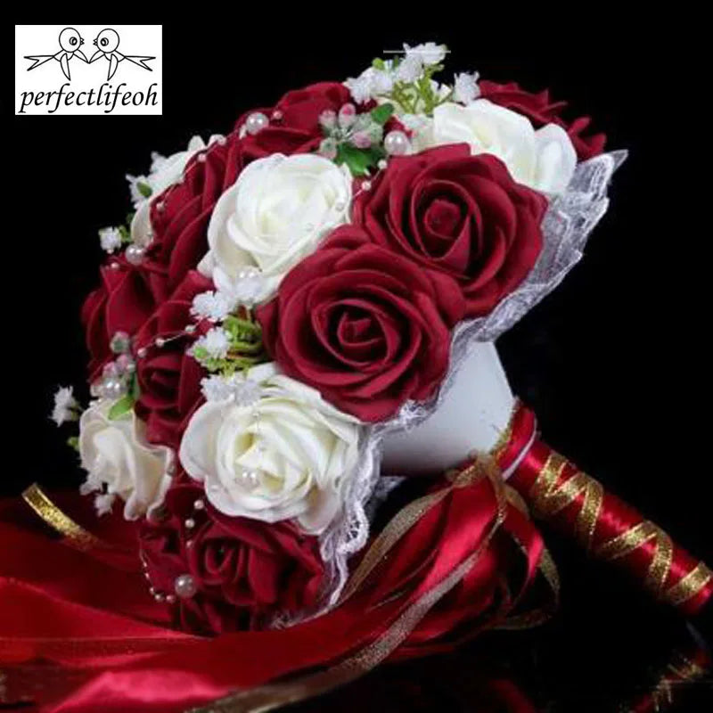 Perfectlifeoh Burgundy Wedding Bouquet Pink/Red/White/Royal Blue Bridal Bridesmaid  Artificial Flower Rose Bride