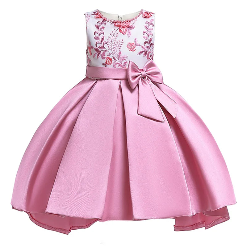 2024 Summer Princess Dress For Girls Children Birthday Wedding Gown Bow Embroidered Trailing Kids Girl Party Bridesmaid Dresses