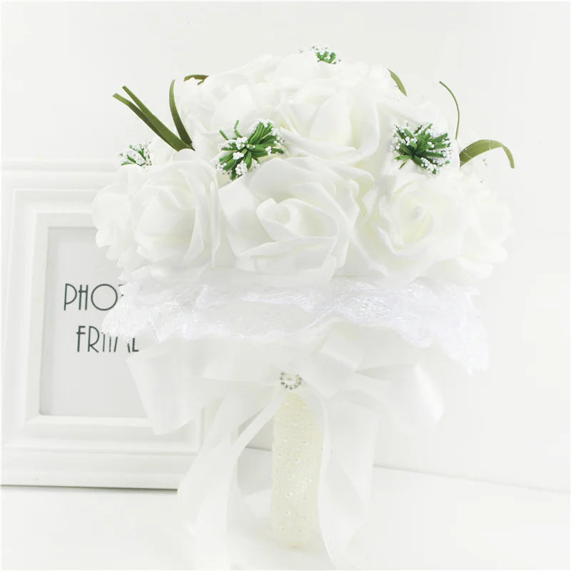 YO CHO Bridal Wedding Bouquet Bridesmaid Artificial PE Rose Flower Fake Pearl Pink Bouquet Wedding Supplies Festival Decorations