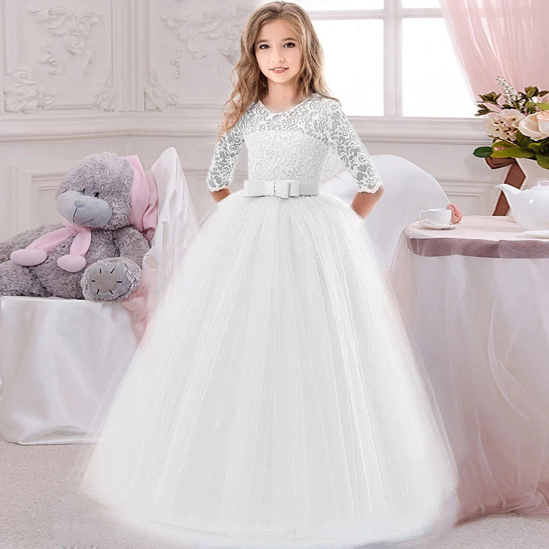 Teens White Lace Princess Bridesmaid Party Dresses Kids Dress For Girls Children Pageant Wedding Gown Evening Christmas Costume