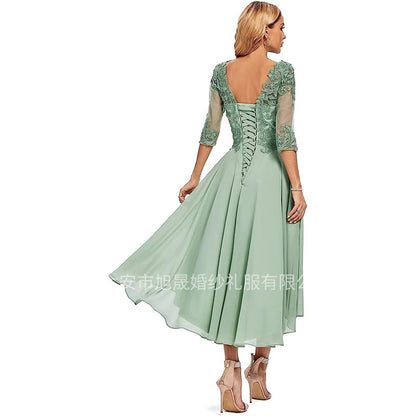 Lace Applique Half Sleeve Formal Party Dress