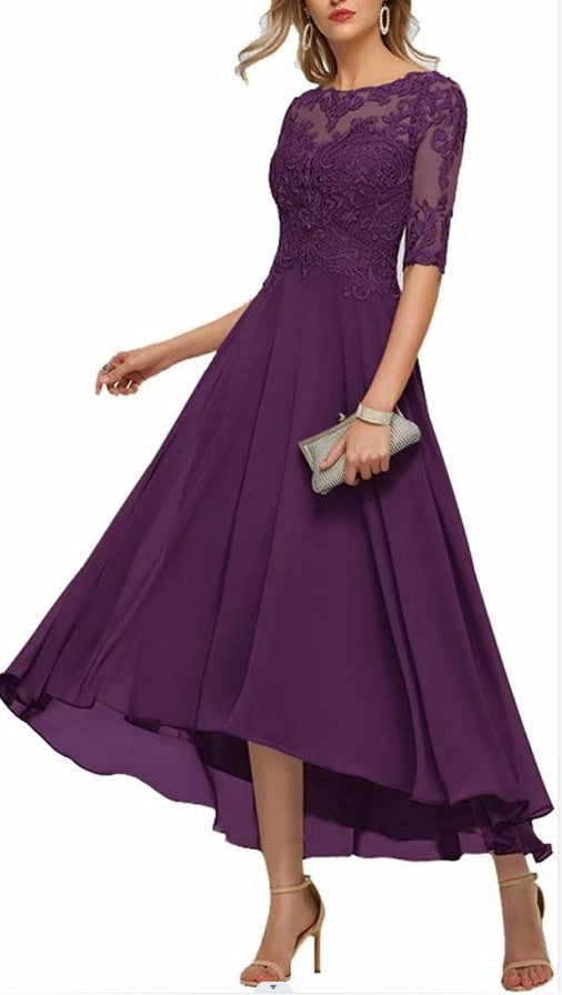 Lace Applique Half Sleeve Formal Party Dress