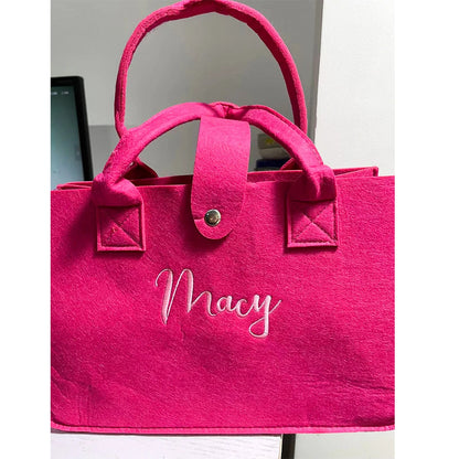 Embroidered Felt Tote Bag Personalized Name Women's Colored Handbag Solid Color Ladies Tote Travel Bags Shopping Bag with Name