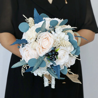 Yannew Champagne Blue Wedding Bouquets for Bride Bridesmaids Artificial Flowers Casading Wedding Bouquet Wed Bridal Shower Decor