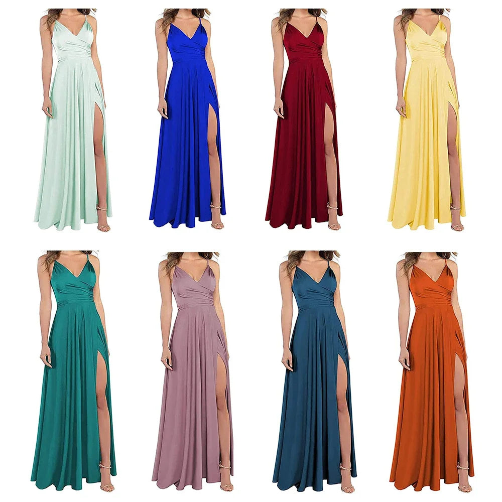 Women's A-Line Bridesmaid Dresses for Wedding Formal Satin Spaghetti Strap Prom Dress Long Side Split Evening Gowns