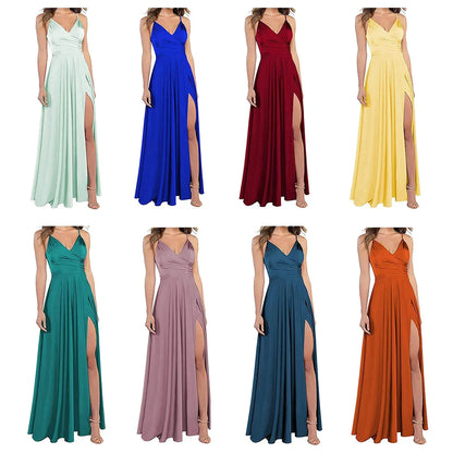 Women's A-Line Bridesmaid Dresses for Wedding Formal Satin Spaghetti Strap Prom Dress Long Side Split Evening Gowns