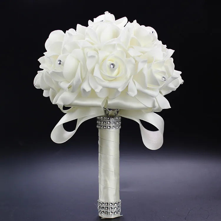 AYiCuthia Romantic Wedding Bouquet Bride Bridesmaid Wedding Decoration Foam Flowers Rose Bridal Bouquet White Satin Holding S30