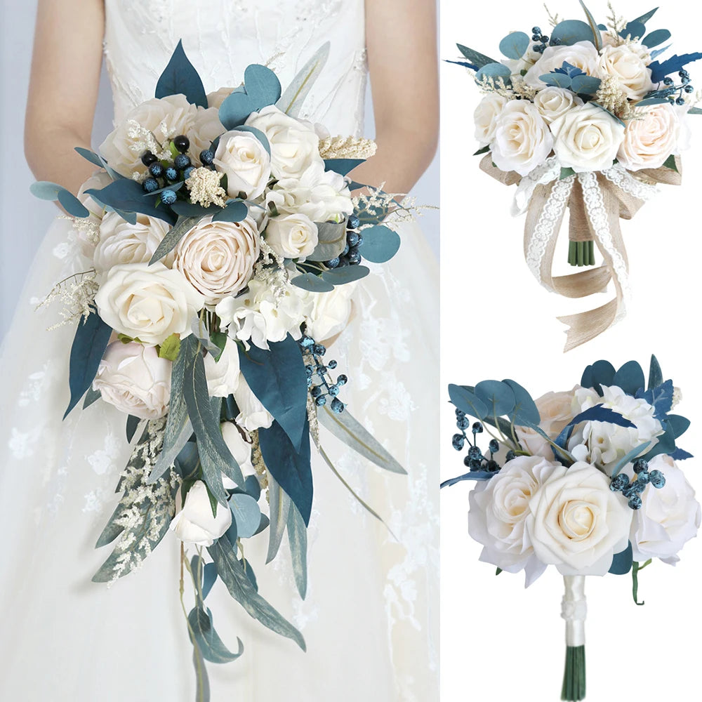 Yannew Champagne Blue Wedding Bouquets for Bride Bridesmaids Artificial Flowers Casading Wedding Bouquet Wed Bridal Shower Decor