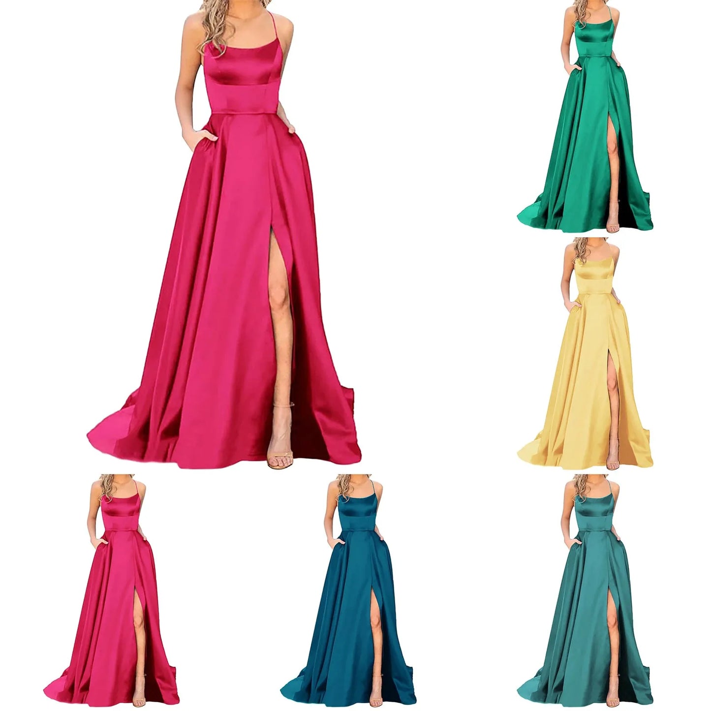 Elegant Floor-Length Long Prom Dress Women Halter Formal Dresses Solid Evening Dress Wedding Bridesmaid Dresses With Pockets