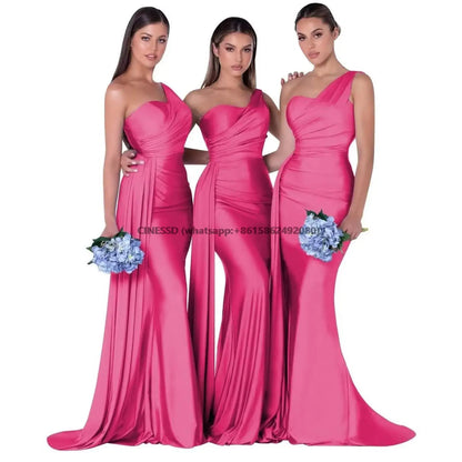 Elegant One-Shoulder Mermaid Bridesmaid Dresses Simple Sleeveless Satin Wedding Party Gown Vestidos Para Bodas With Train