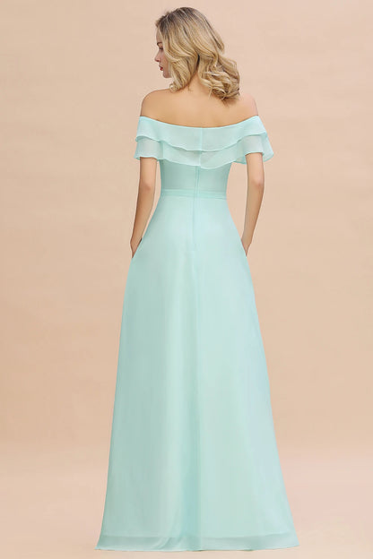 Long A Line Bridesmaid Dresses with Front Split with Off-Shoulders and Pockets Mint Green Maxi Prom Gowns For Wedding Party