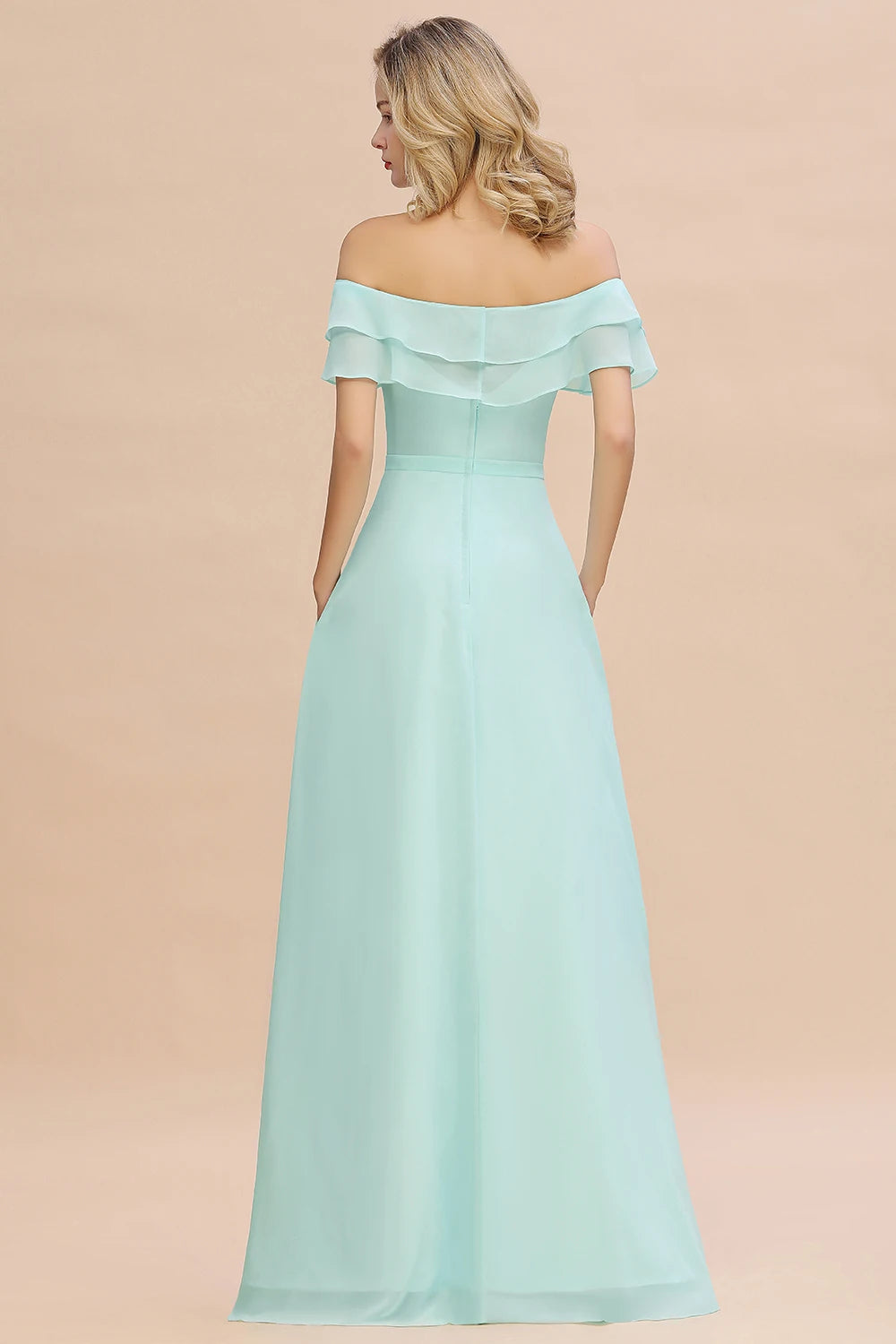 Long A Line Bridesmaid Dresses with Front Split with Off-Shoulders and Pockets Mint Green Maxi Prom Gowns For Wedding Party