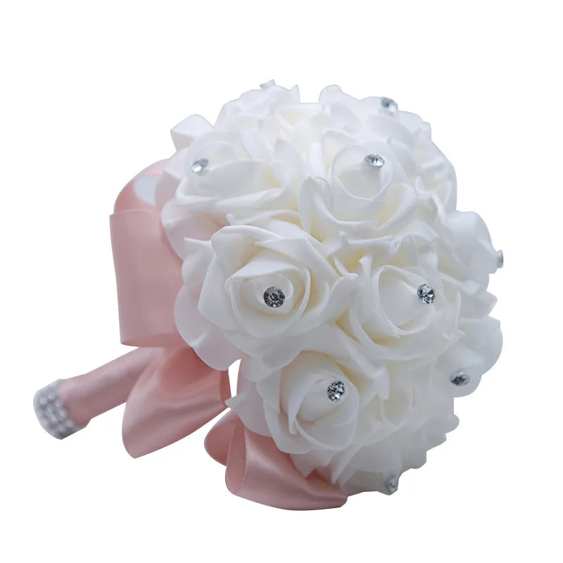 AYiCuthia Romantic Wedding Bouquet Bride Bridesmaid Wedding Decoration Foam Flowers Rose Bridal Bouquet White Satin Holding S30