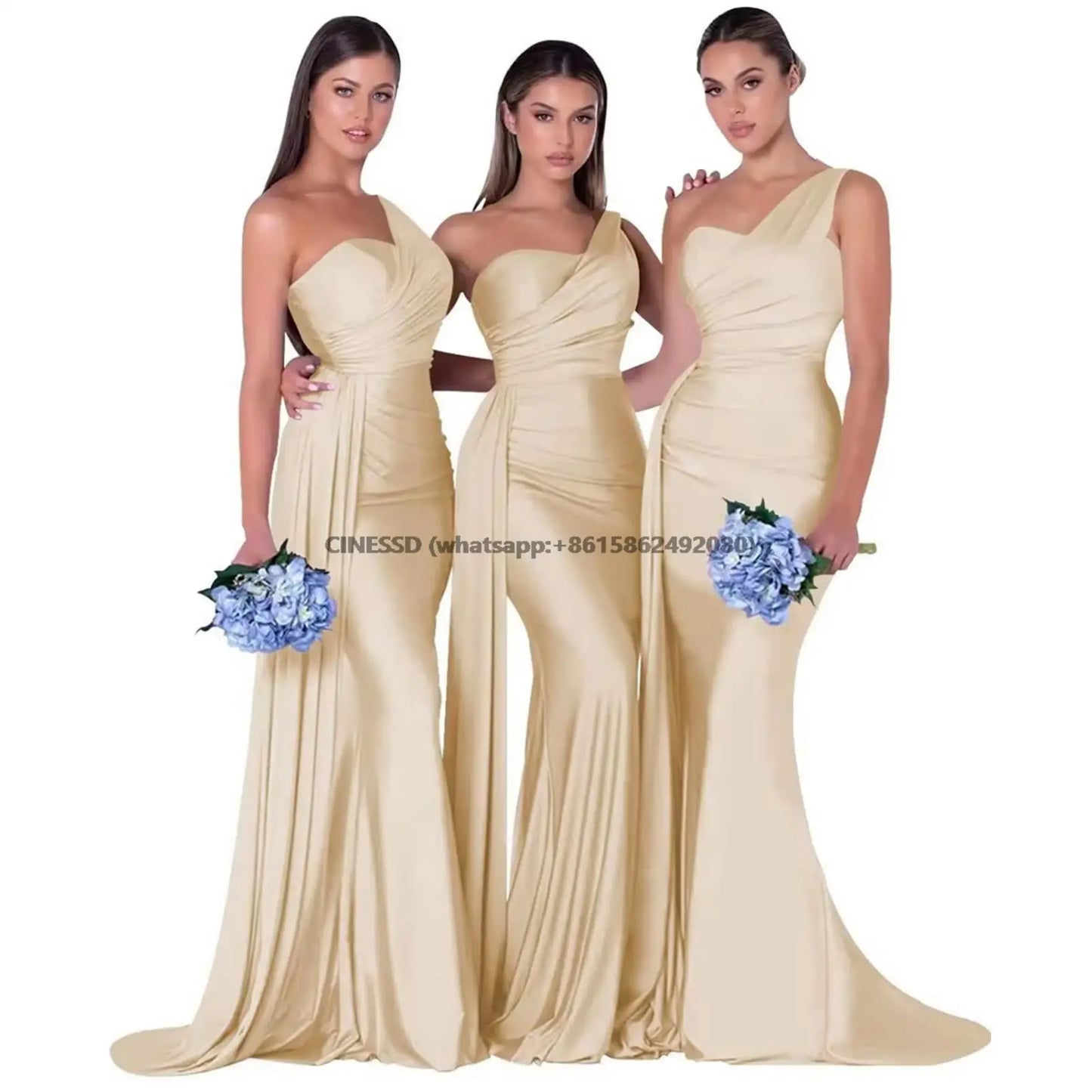 Elegant One-Shoulder Mermaid Bridesmaid Dresses Simple Sleeveless Satin Wedding Party Gown Vestidos Para Bodas With Train