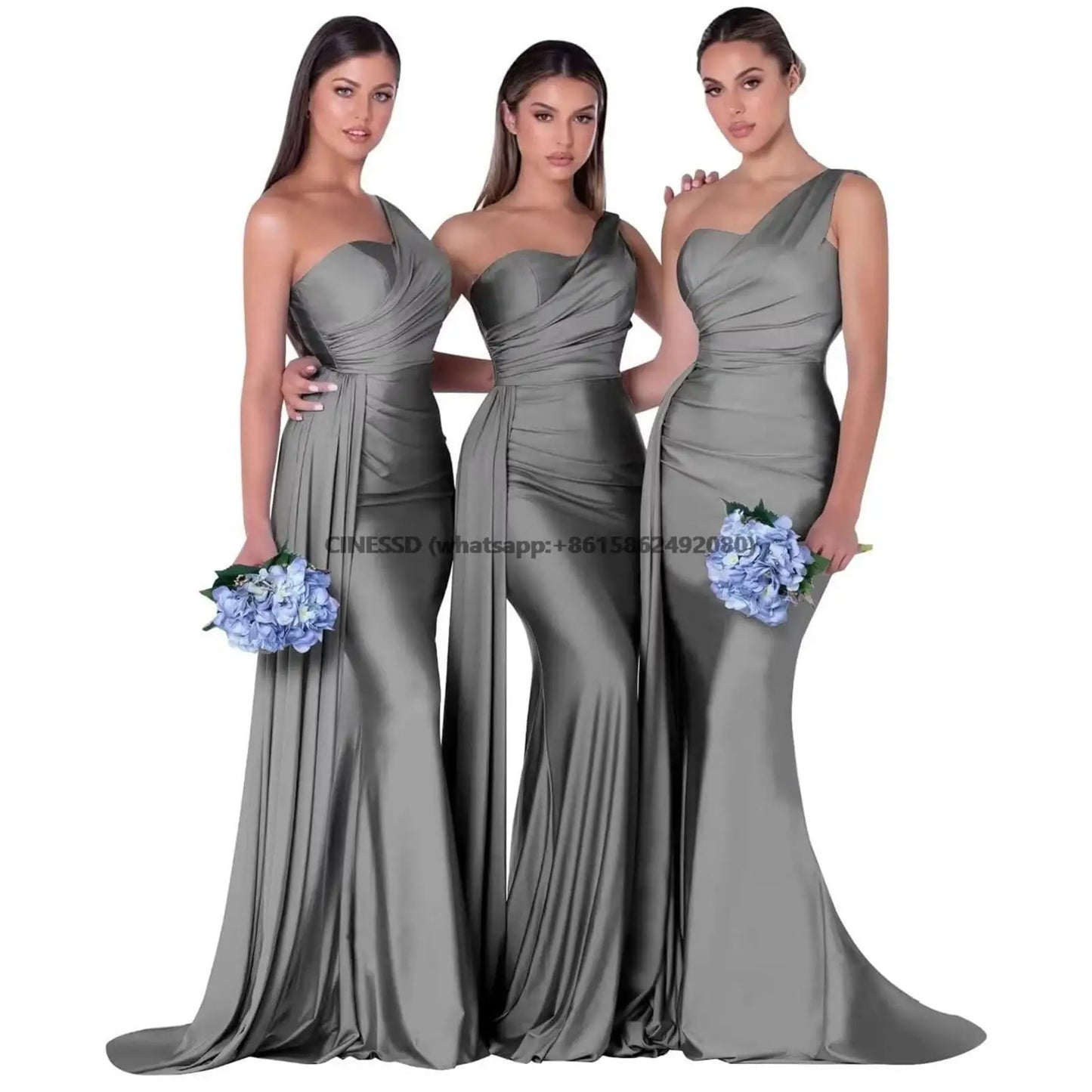 Elegant One-Shoulder Mermaid Bridesmaid Dresses Simple Sleeveless Satin Wedding Party Gown Vestidos Para Bodas With Train