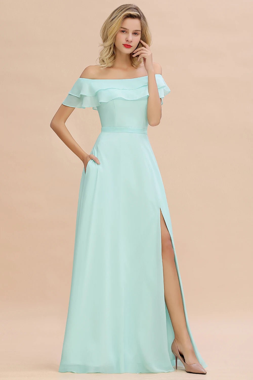 Long A Line Bridesmaid Dresses with Front Split with Off-Shoulders and Pockets Mint Green Maxi Prom Gowns For Wedding Party