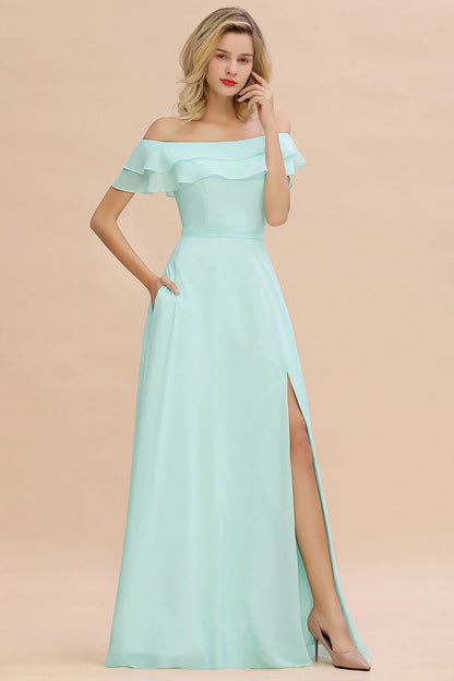 Long A Line Bridesmaid Dresses with Front Split with Off-Shoulders and Pockets Mint Green Maxi Prom Gowns For Wedding Party