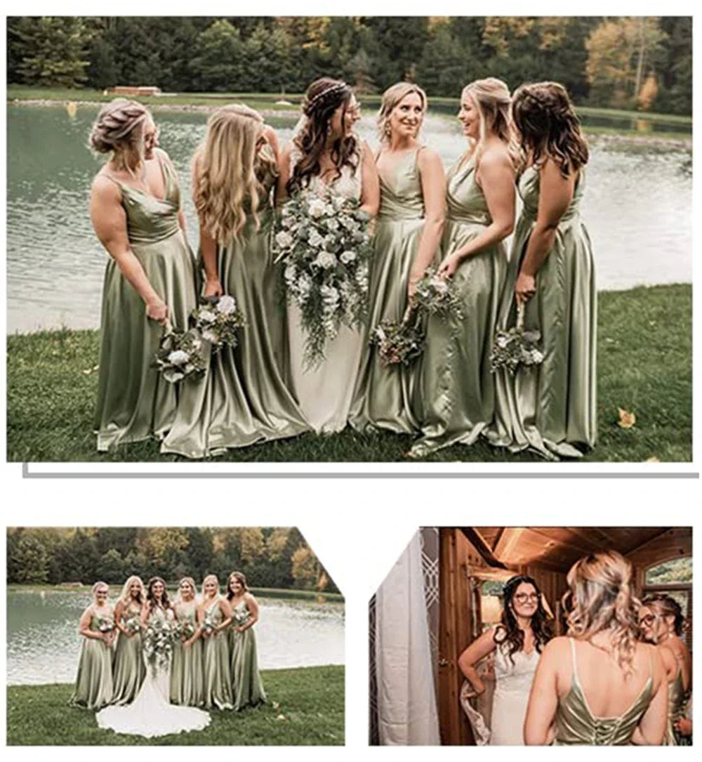 Women's A-Line Bridesmaid Dresses for Wedding Formal Satin Spaghetti Strap Prom Dress Long Side Split Evening Gowns