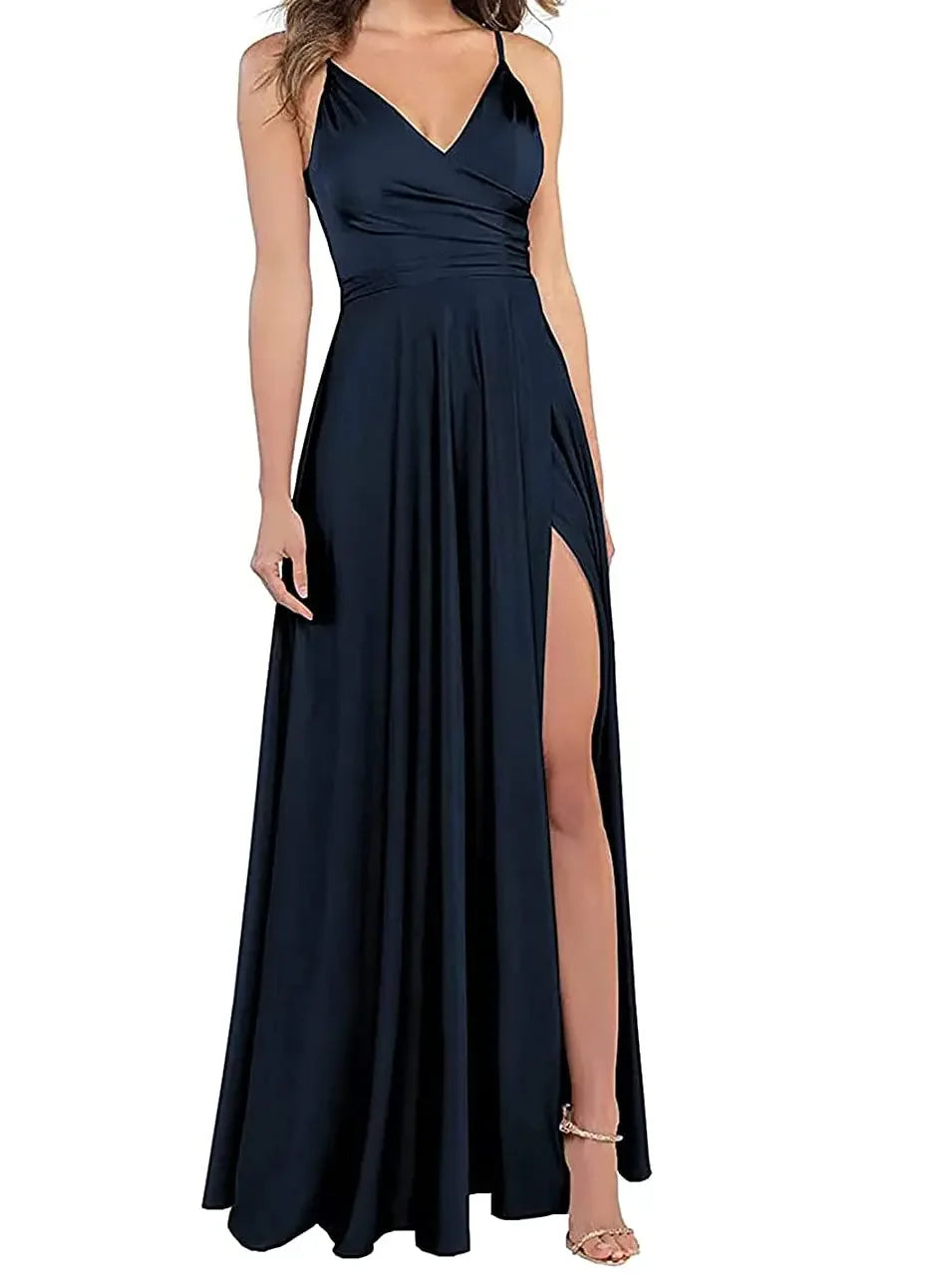 Women's A-Line Bridesmaid Dresses for Wedding Formal Satin Spaghetti Strap Prom Dress Long Side Split Evening Gowns