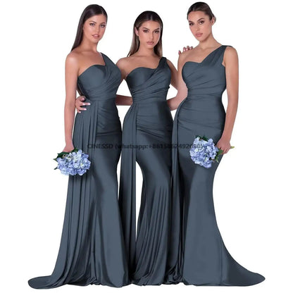 Elegant One-Shoulder Mermaid Bridesmaid Dresses Simple Sleeveless Satin Wedding Party Gown Vestidos Para Bodas With Train