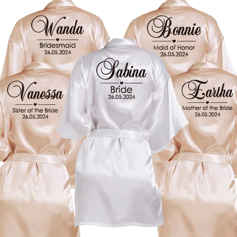 Customized Name Date Wedding Bathrobe Faux Silk Bridal Robe Bride Bridesmaid Wedding Robes Woman Bachelorette Hen Party