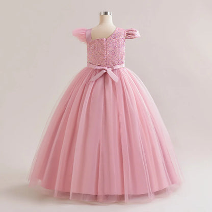 Summer Girls Princess Bridesmaid Dress Kids Long Prom Ball Gowns Children Wedding Birthday Party Eids Bow Lace Clothes Costume