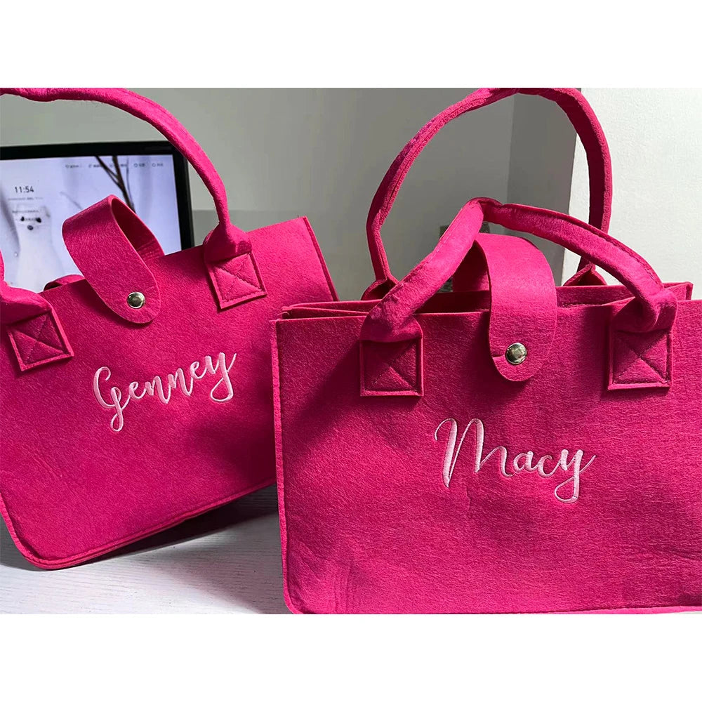 Embroidered Felt Tote Bag Personalized Name Women's Colored Handbag Solid Color Ladies Tote Travel Bags Shopping Bag with Name