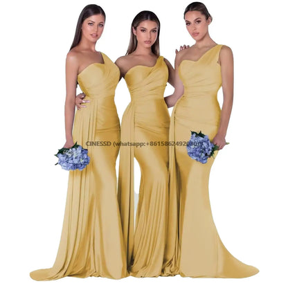 Elegant One-Shoulder Mermaid Bridesmaid Dresses Simple Sleeveless Satin Wedding Party Gown Vestidos Para Bodas With Train