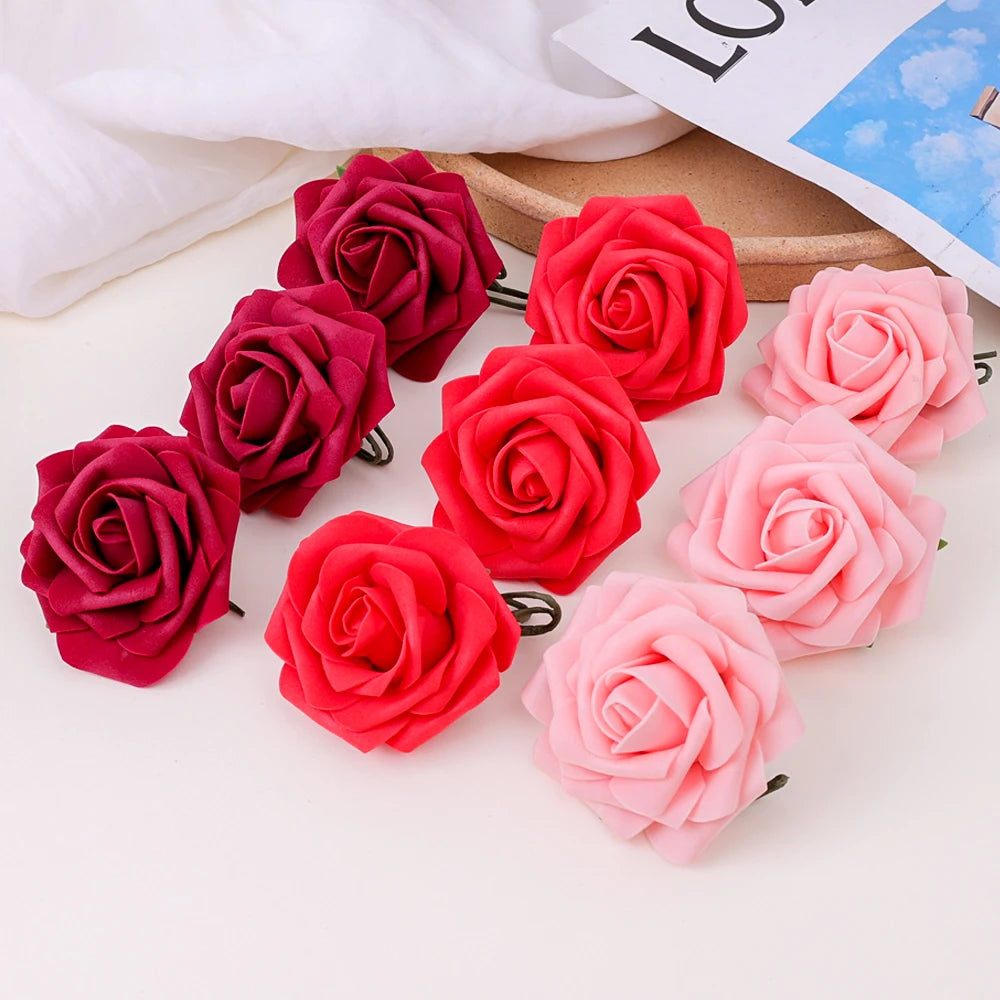 5/50PCS Artificial Rose Flower DIY Wedding Bouquet Red Velvet Foam Fake Rose Flower Valentines Mothers Day Gift Party Decoration