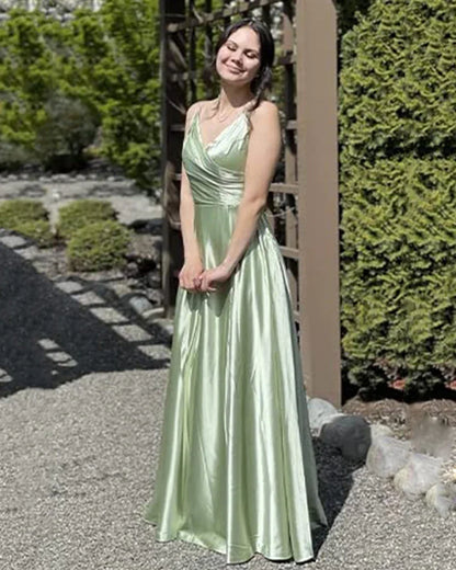 Women's A-Line Bridesmaid Dresses for Wedding Formal Satin Spaghetti Strap Prom Dress Long Side Split Evening Gowns