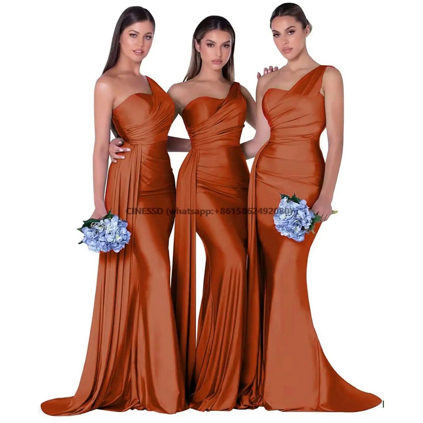 Elegant One-Shoulder Mermaid Bridesmaid Dresses Simple Sleeveless Satin Wedding Party Gown Vestidos Para Bodas With Train