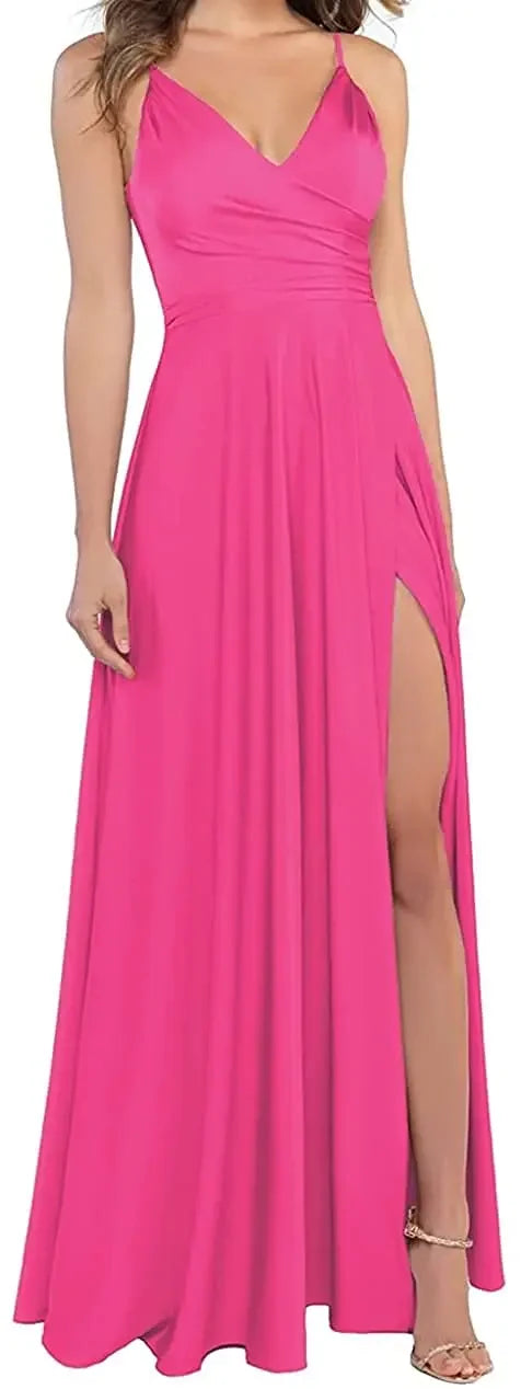 Women's A-Line Bridesmaid Dresses for Wedding Formal Satin Spaghetti Strap Prom Dress Long Side Split Evening Gowns