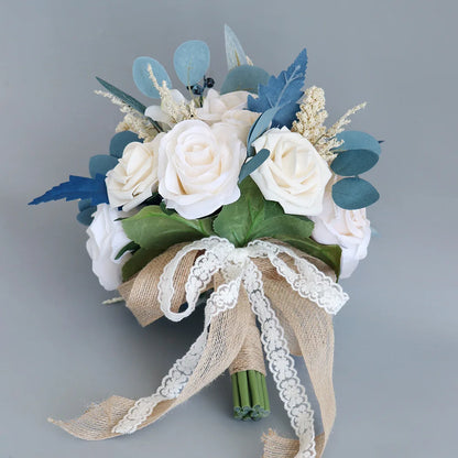 Yannew Champagne Blue Wedding Bouquets for Bride Bridesmaids Artificial Flowers Casading Wedding Bouquet Wed Bridal Shower Decor