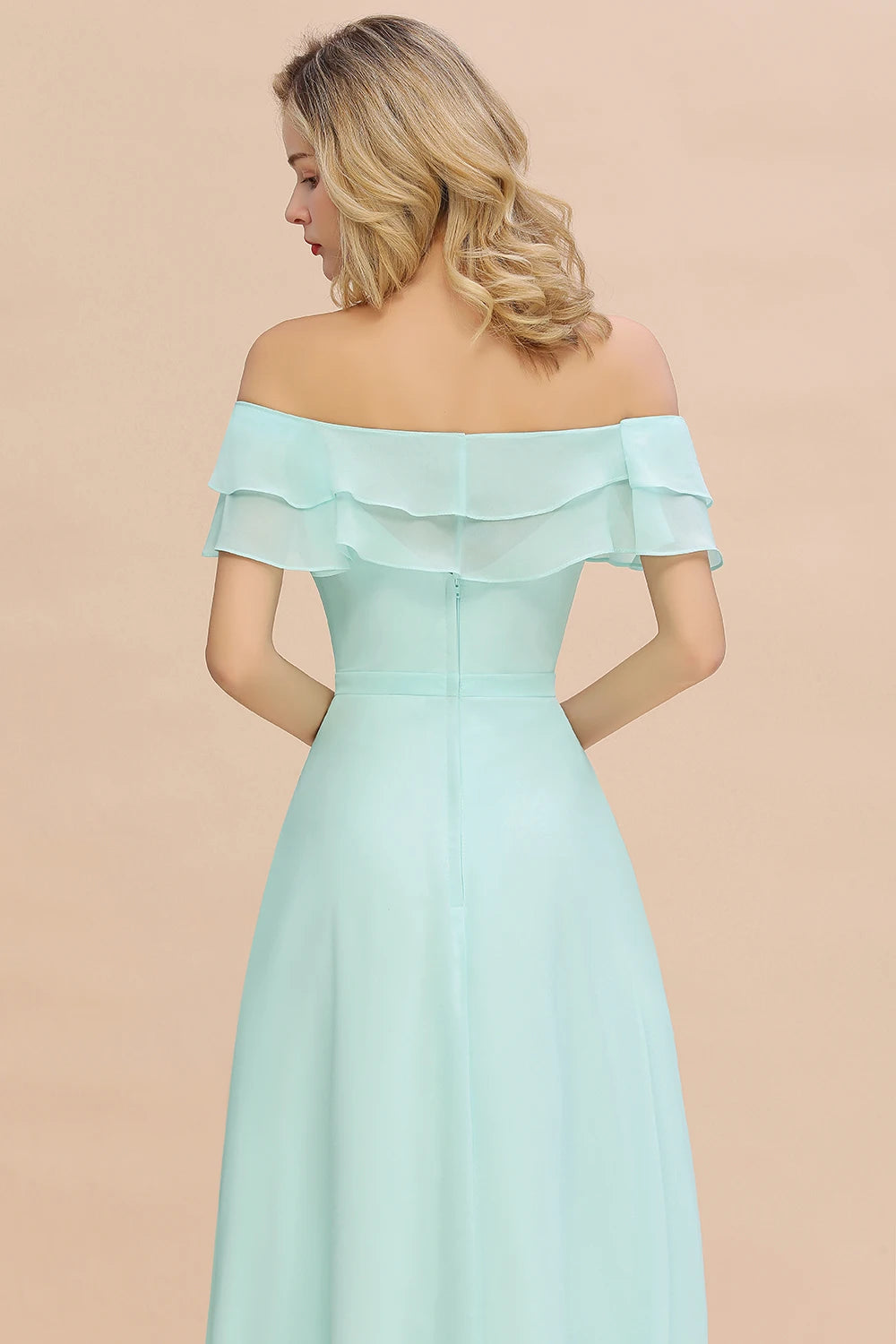 Long A Line Bridesmaid Dresses with Front Split with Off-Shoulders and Pockets Mint Green Maxi Prom Gowns For Wedding Party