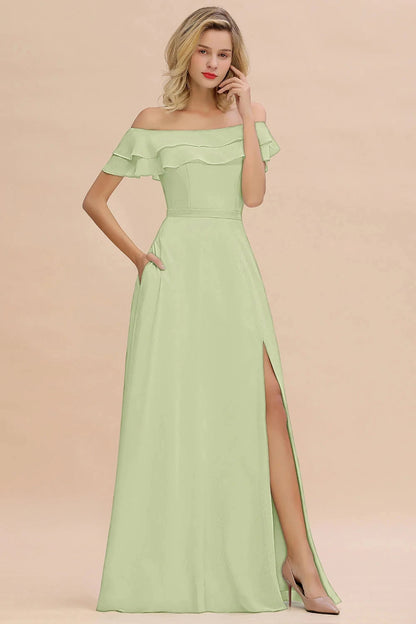 Long A Line Bridesmaid Dresses with Front Split with Off-Shoulders and Pockets Mint Green Maxi Prom Gowns For Wedding Party