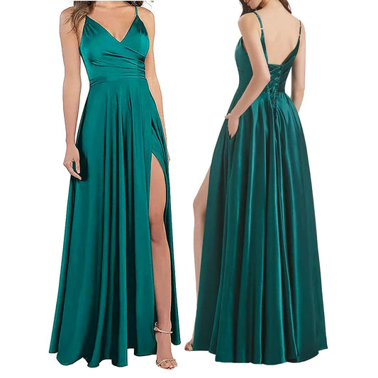 Women's A-Line Bridesmaid Dresses for Wedding Formal Satin Spaghetti Strap Prom Dress Long Side Split Evening Gowns