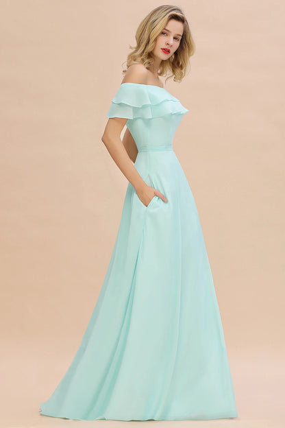 Long A Line Bridesmaid Dresses with Front Split with Off-Shoulders and Pockets Mint Green Maxi Prom Gowns For Wedding Party