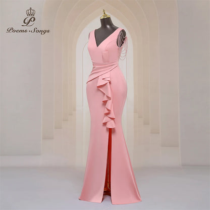 Sexy side slit Party dress for women Long Prom Dress Soft Satin shoulder Beading evening dresses bridesmaid dresses Maxi Dress